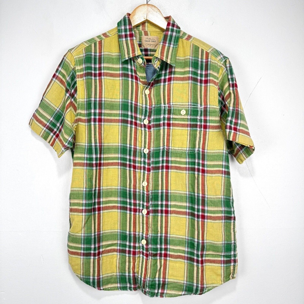 NEW True Grit Short Sleeve Button Shirt‎ Men Small Yellow Green Red Check Cotton